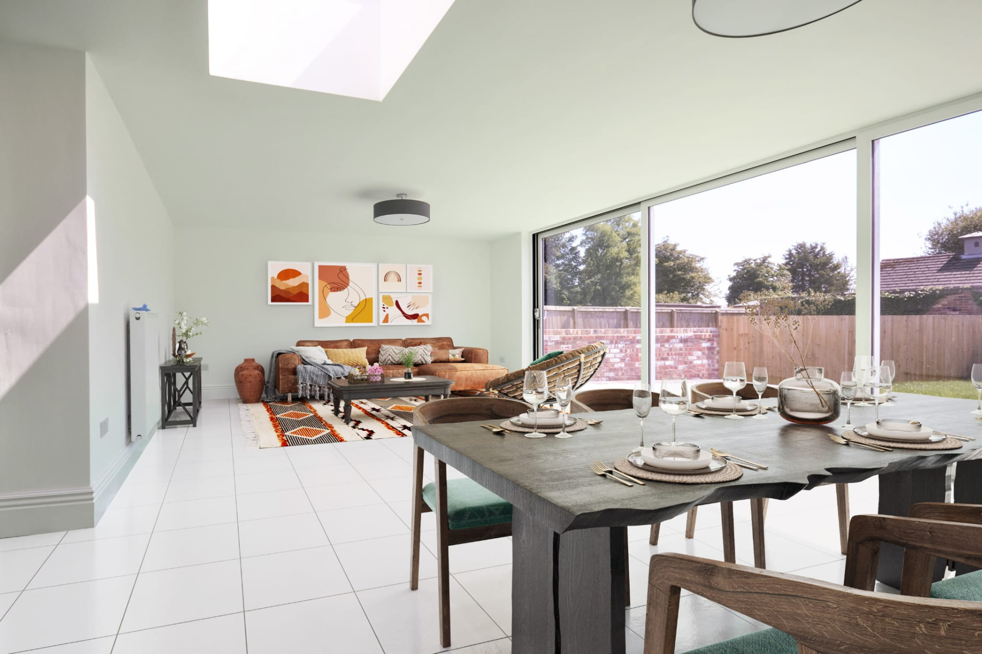 Open plan dining and living space inside a completed extension